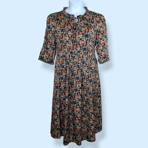 Navy & Orange Floral 3/4 Sleeve Satin Dress